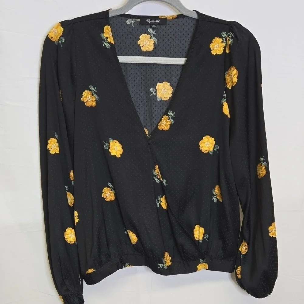 Madewell Bubble-Sleeve Wrap Top, Floating Florets, Cottagecore, Black Yellow, XS